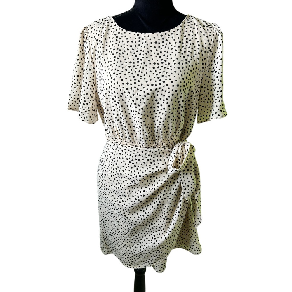 Pink Lily Cream Black Polka Dot Short Sleeve Faux Wrap Dress Womens XL